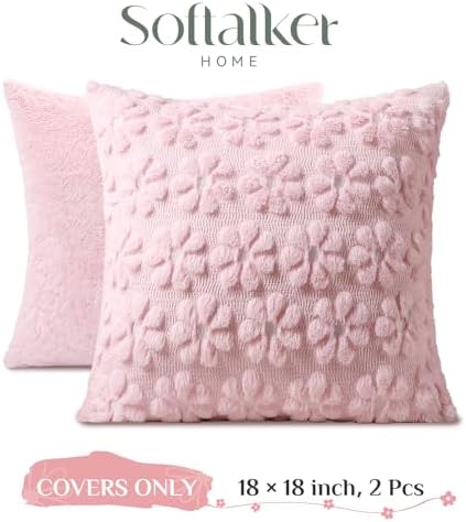 Softalker Spring Summer Throw Pillow Covers 18 x 18 Inch Set of 2, Farmhouse Decorative Floral Daisy Soft Faux Fur Cushion Covers, 3D Pillow Cases for Couch Bedroom Living Sofa Room Home Decor, Pink - Image 4
