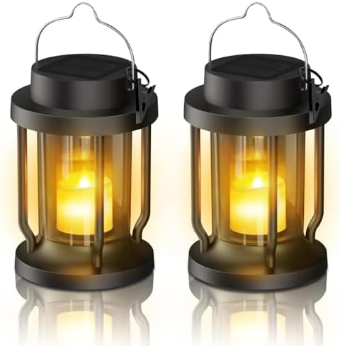 Solar Lantern Outdoor Indoor Use – Hanging Solar Lights with Realistic Flickering Flameless Candle, Weatherproof for Garden Decor, Patios, Trees, and Lawns (Black, 2 Pack) by Unknown