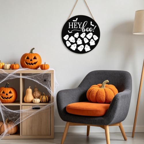 Hey Boo Sign 12x12 Inch Halloween Wreaths for Front Door Halloween Ghost Wood Door Hanger Black Boo Sign Farmhouse Holiday Decorations Wall Hanging Plaque for Trick or Treat Party Inside Outside - Image 4