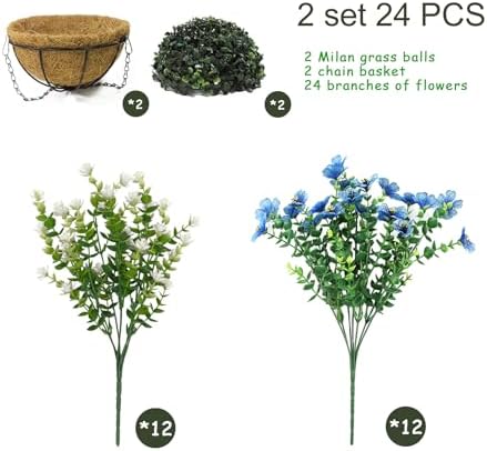 Artificial Hanging Plants Flowers with Basket 2 Packs, Artificial Hanging Flowers for Outdoors, Faux Hanging Plants Outdoor, White+Blue - Image 2