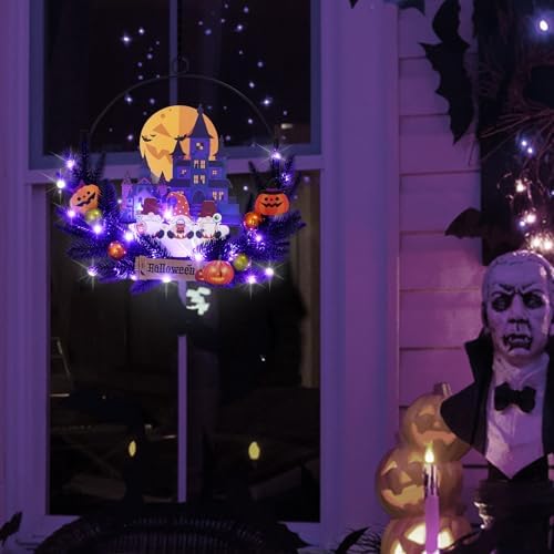 Pre-Lit Halloween Wreath for Front Door, Lighted Dwarf with 6H On/18H Off - Image 6
