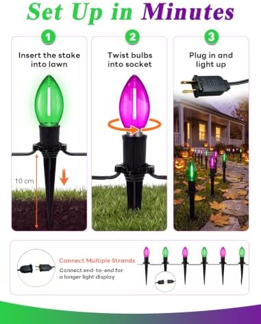 19.5FT Halloween Pathway Lights, 10 Green and Purple C9 LED Stake Lights - Image 6