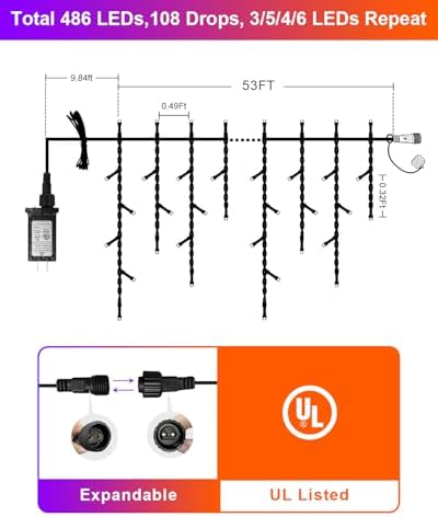 Outdoor Halloween Lights, Waterproof 53FT 486 LED Hanging String Lights with 108 Drops, 8 Modes Timer, Connectable Plug-in Outside Lights for Party Eaves Yard Decorations, Purple and Orange - Image 7