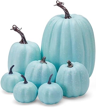 Lizxun 7Pcs Artificial Pumpkins Halloween Decoration, Lifelike Simulation Mixed Harvest Fall Foam Pumpkins for Halloween Thanksgiving Home Party Supplies (Blue White-7Pcs) - Image 3