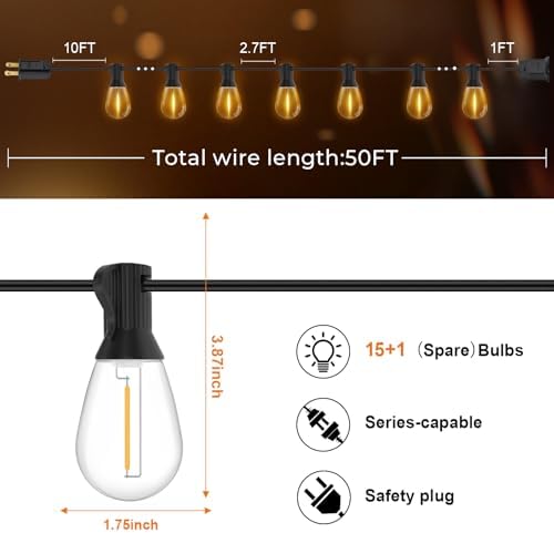 GvvooHome 50FT LED Outdoor String Lights with 16 Shatterproof Waterproof Replaceable Bulbs(1 Spare), 2700K Commercial Grade Patio Lights, Outside Hanging Light for Yard Garden Porch Deck Decor - Image 6
