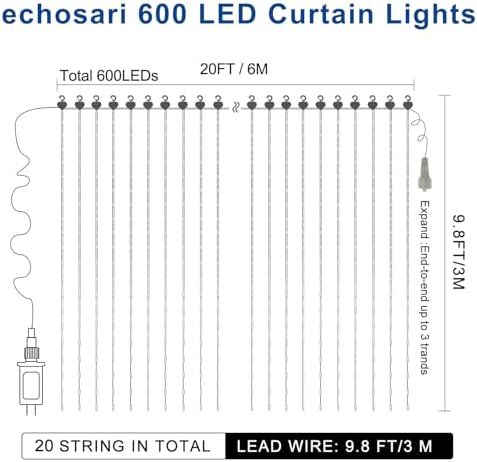 echosari 20Ft x 10Ft Large Curtain Lights Plug in, 600 LED Dual Color Changing Outdoor Curtain Lights Waterproof Connectable with Remote for Wedding Backdrop Yard Decor (Cool White & Multicolor) - Image 6