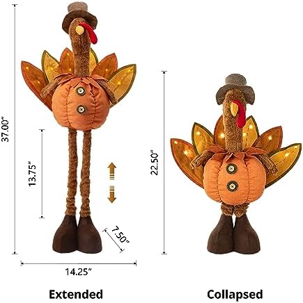 Glitzhome Thanksgiving Porch Decor Handmade Fabric Turkey with Telescoping Legs for Autumn Fall Thanksgiving, Orange - Image 2