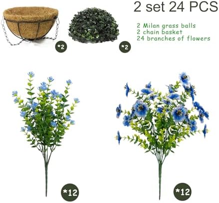Artificial Hanging Plants Flowers with Basket 2 Packs, Artificial Hanging Flowers for Outdoors, Faux Hanging Plants Outdoor, Blue Fake Flowers - Image 2