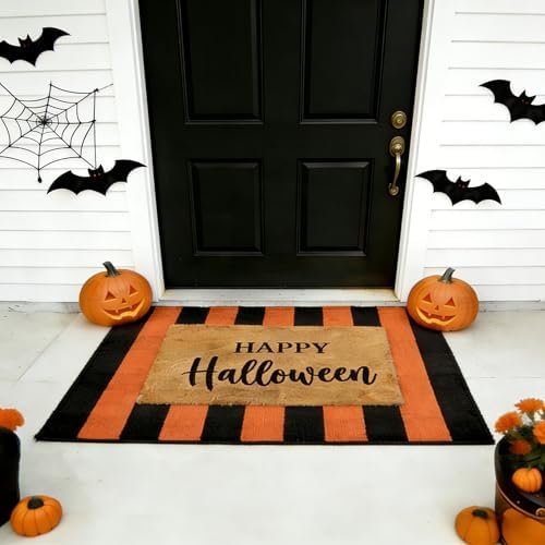 SEEKSEE Happy Halloween Decor Doormat Set, Thick Coco Coir Door Mat + Orange and Black Striped Rug, Outdoor Layered Mat for Front Door Non-Slip Backing Floor Mat for Porch - Image 3