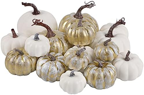winemana 16 Pcs Golden and White Pumpkins Fall Decorations for Home by winemana