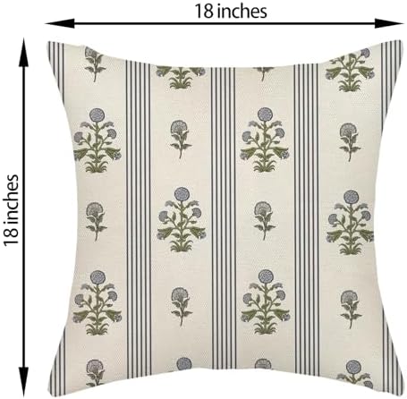 Blue Sage Green Pillow Covers 18x18 Inch Set of 2 Vintage Block Print Floral Throw Pillows Striped Flower Boho Decorative Pillow Cases Linen Outdoor Accent Linen Cushion Cover for Couch Sofa Bed - Image 2