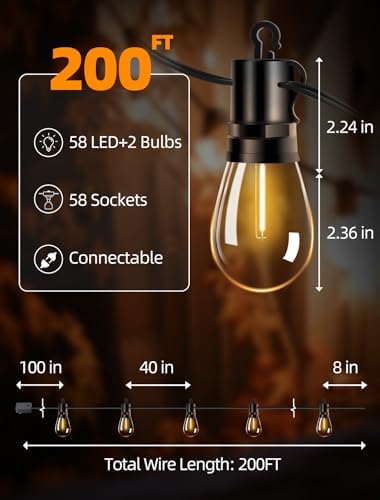 Outdoor Patio String Lights: S14 Shatterproof Bulb Outside Waterproof Light - 200FT 60M Remote Dimmable Connectable Hanging Outdoor Electric Lighting - Garden Backyard Yard Gazebo Porch Party - Image 6