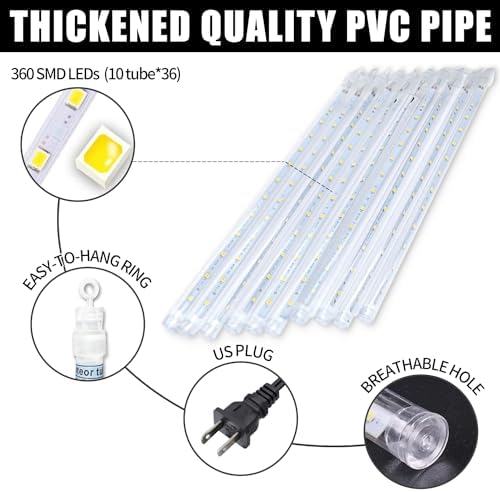 Christmas Meteor Shower Lights Outdoor - 12 Inch 10 Tube 360 LED High Brightness Falling Rain Icicle Cascading Lights for Xmas Tree Eaves Patio Decor (Can Connect 100 Sets) - Image 4