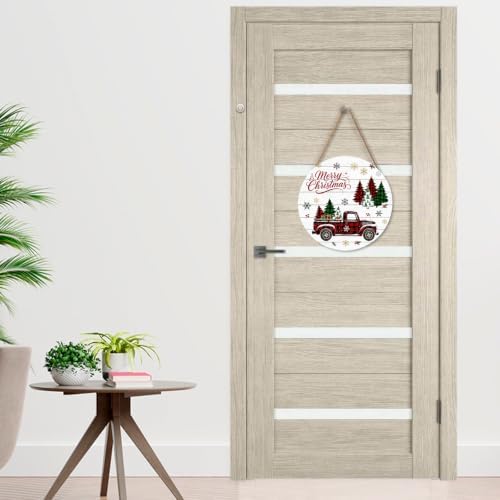 Merry Christmas Sign for Front Door Decor Winter Snowflake Truck Round Outdoor Hanging Wooden Door Sign for Porch Xmas Holiday Farmhouse Wreath Hanger Sign for Outside Indoor Wall Decoration 12"X12" - Image 7