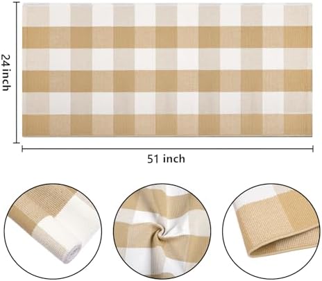Khaki White Checkered Outdoor Rug 24"x51"Cotton Washable Farmhouse Doormat - Image 2