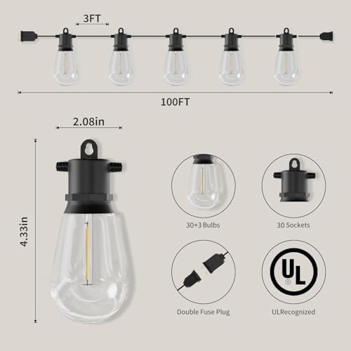 100 FT Outdoor String Lights IP65 Waterproof Patio Lights with 30 + 3 Shatterproof LED Bulbs Commercial Grade LED String Lights Connectable Hanging Decorative Lights for Outdoor Terrace Yard - Image 3