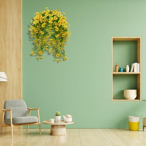 LikSoor 4 Pcs Artificial Outdoor Hanging Plants Spring Summer Decoration UV Resistant Faux Silk Flowers for Outside, Garden, Porch, Window, Home Decor (Yellow) - Image 4