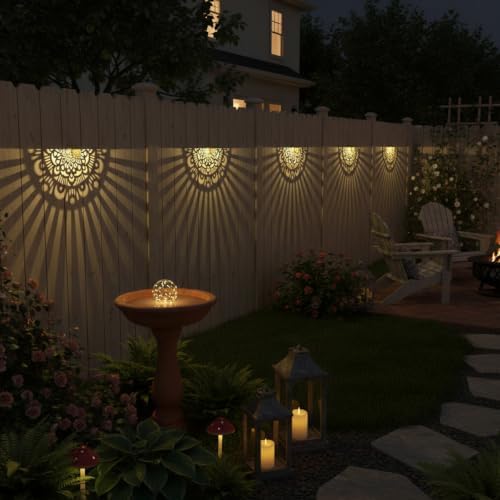 6 Pack Solar Fence Lights Outdoor Wall Lights Gold Plastic Solar Powered Deck Step Stair Lights Mandala Theme Waterproof Fence Solar Light for Garden Post Patio Backyard Yard Decor - Image 5