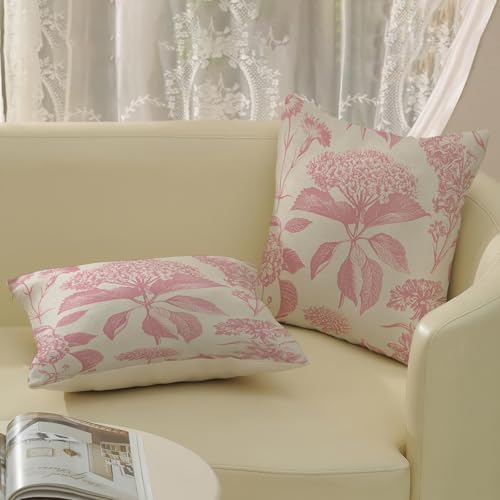 Pink Pillow Covers 24x24 Inch 2 Pcs Boho Vintage Floral Decor Throw Pillows Hydrangea Flower Seasonal Outdoor Farmhouse Neutral Accent Decoration Pillowcase Linen Cushion Cover for Sofa - Image 4