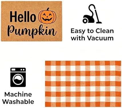 Fall Decor Halloween Layered Front Doormat Set, Hello Natural Coco Coir Door Mat + 3'x5' Orange White Buffalo Plaid Rug, Non-Slip Porch Rug Outdoor Entryway Decor for Front Porch, Patio - Image 6