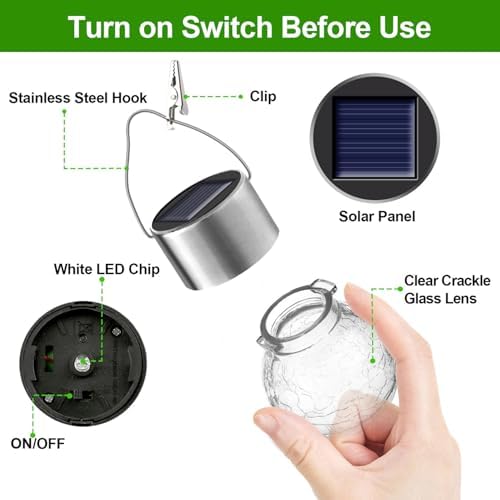 Solar Lights Outdoor Hanging Decorative Globe 8 Pack, Waterproof Solar Lantern with Handle and Clip, Solar Powered Glass Ball Lights for Garden Yard Fence Tree Umbrella Holiday Décor, Cold White - Image 6