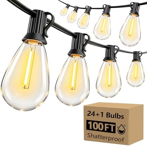 BORT LED Outdoor String Lights 100FT, Outside Connectable Hanging Decorative Lights with 24+1 Shatterproof Waterproof S14 E12 LED Bulbs for Outdoor Lighting Backyard Patio Bistro Porch, Non-Dimmable by BORT