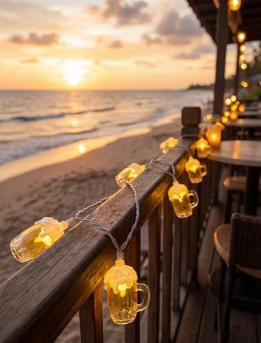 Beer String Lights Outdoor, 12.5FT Summer Decorative Camping String Lights with 10 3D Beer Mug Lights, Plug in Connectable Novelty Fairy Lights for Tropical Themed Wedding Bistro Bar Party Decor - Image 2