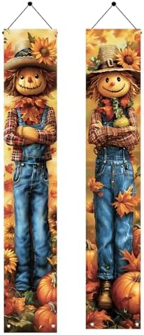 2PCS Fall Porch Sign Scarecrow Porch Banner Autumn Harvest Door Decoration Thanksgiving Front Door Decor Rustic Farmhouse Vertical Outdoor Hanging Banner for Porch Entryway 71 x 12 Inch by Unknown