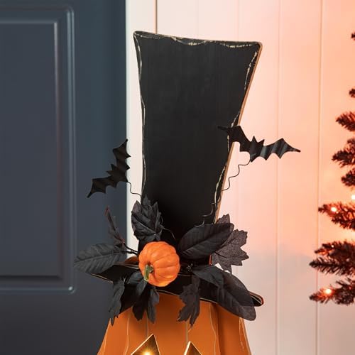 Glitzhome 29.5"H Lighted Wooden Jack-O-Lantern Porch Decor, Farmhouse Halloween Pumpkin Yard Sign With Floral Timer, Rustic Style Sign With Wood Base for Home Party Decor - Image 6