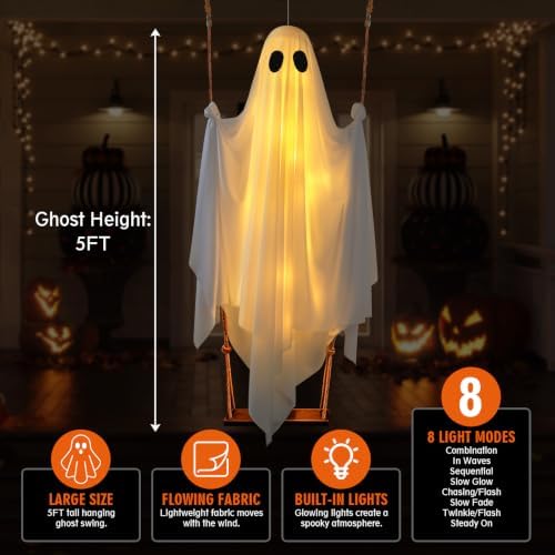 Halloween Hanging Ghost Decorations, 5FT Swing Ghost with Remote Lights - Image 4