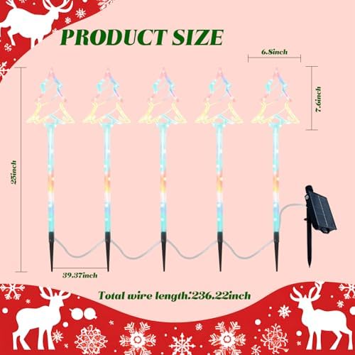 Garden Christmas Decorations Pathway Outdoor Solar, 27 inches Lighted Xmas Tree Solar Christmas Lights with 8 Modes Waterproof String Lights, Outdoor Lights for Yard Patio Walkway-5PCS - Image 2