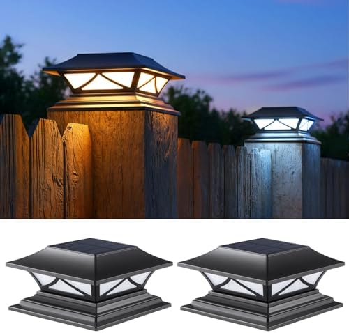 PASAMIC 2 Pack Solar Post Cap Lights, Waterproof Outdoor Lights for 4x4 5x5 6x6 Wood Posts, Fence Post Solar Lights with 2 Color Modes for Garden, Deck, Patio, Porch, Fence by PASAMIC