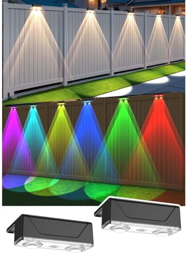 Solar Fence Lights Outdoor - Warm White & RGB 6 Color, Dusk to Dawn Deck Light, IP55 Waterproof Garden Lights for Outside/Backyard/Railing/Step/Patio/Wall (2PK) by Unknown