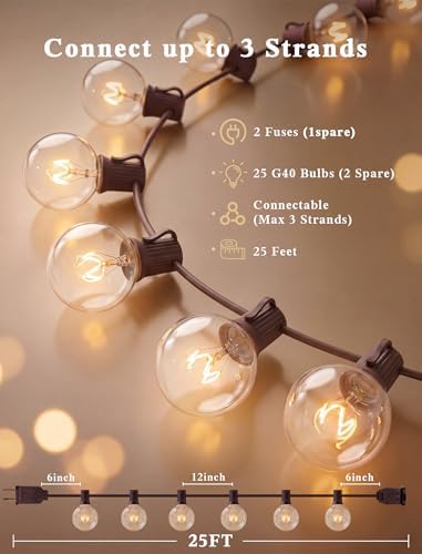 Abeja 25Ft Outdoor Patio String Lights with 27 Clear G40 Bulbs, UL Listed for Porch Bars Deck Wedding Party Markets Decor, 5W, E12 Socket Base, Brown - Image 2
