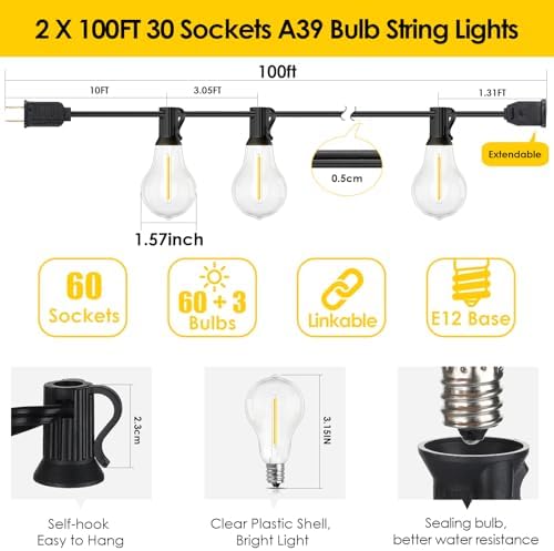 Larkvue 200FT(2x100FT) Outdoor String Lights, 63 A39 Edison Bulbs, Black - Image 4