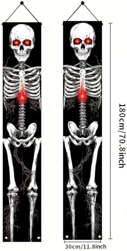 2PCS Red-Eyed Skeleton Halloween Porch Banners 71 x 12 Inch Scary Skeleton Door Decorations for Haunted House Entryway Spooky Halloween Wall Hanging Outdoor Yard Party Front Door Decor - Image 6