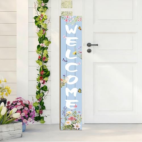 Spring Welcome Porch Sign Watercolor Flowers Front Door Hanging Decorations Indoor Outdoor Wooden Vertical Standing Sign For Home Yard Season Decor 47 x 7.8 inch by Xeubiou