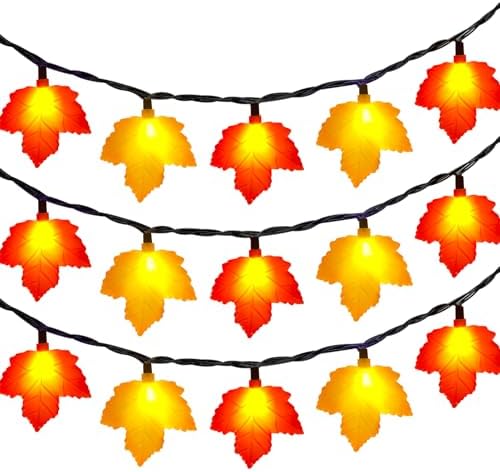 Thanksgiving Decorations Lights Outdoor, 8.5Ft 10 LED Fall Decor Orange/Yellow Maple Leaves String Lights Plug in, Hanging Halloween Maple Leaf Light String for Bedroom Thanksgiving Party Garden Patio by Goothy