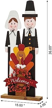Glitzhome 36''H Thanksgiving Pilgrim Couple with Turkey Porch Sign, Farmhouse Wooden Welcome Sign Standing Porch Decor for Fall Harvest Autumn Thanksgiving - Image 4