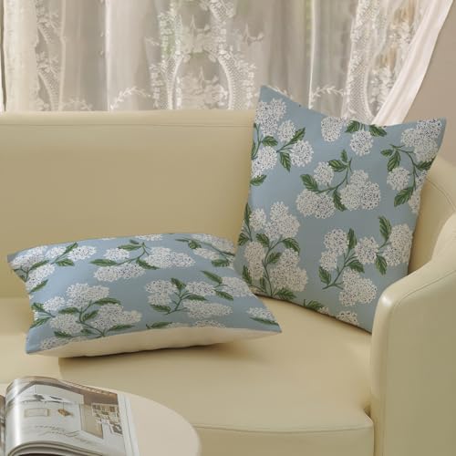 Light Blue Pillow Covers 16x16 Inch 2 Pcs Blue Green Hydrangea Flower Decor Throw Pillows Vintage Floral Seasonal Spring Summer Outdoor Decoration Pillowcase Linen Cushion Cover for Couch Sofa - Image 4