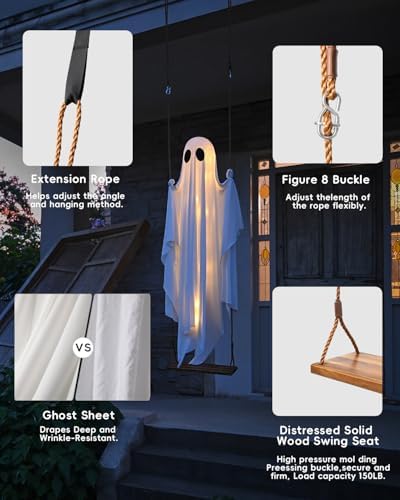 Halloween Decorations Outdoor - 5 FT Large Hanging Swing Ghost Halloween Decor with String Lights, Spooky Cute Ghosts Decorations for Front Porch Yard Tree - Image 5
