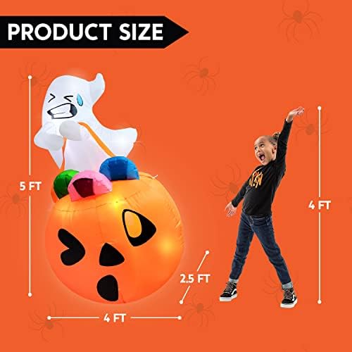 Joiedomi 5 FT Tall Halloween Inflatables Outdoor Decorations, Inflatable Cute Ghost Halloween Decor Outdoor, Blow Up Ghost Lift Pumpkin Candy Bag with Build-in LEDs for Yard Decorations - Image 6