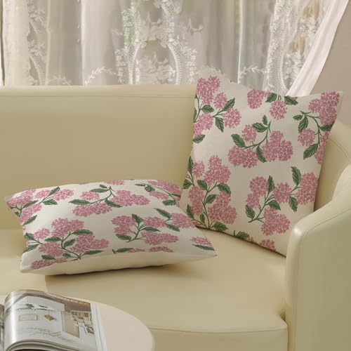 Preppy Pink Spring Pillow Covers 20x20 Inch 2 Pcs Green Hydrangea Flower Decor Throw Pillows Vintage Floral Seasonal Summer Outdoor Decoration Pillowcase Linen Cushion Cover for Couch Sofa - Image 4