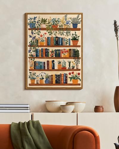 Vintage Botanical Book Shelf Framed Canvas Wall Art, 12x16 Colorful Plants Books Painting, Retro Library Reading Gift, Modern Home Décor for Living Room Study Office - Image 3