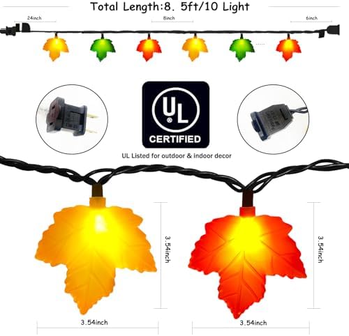 Fall Decorations Maple Leaf Lights, 8.5Ft Thanksgiving Decorations String Lights Outdoor with 10 LED Multicolor Maple Leaves Light, Plug in Fall Leaf Fairy Lights for Home Garland Window Harvest Party - Image 2