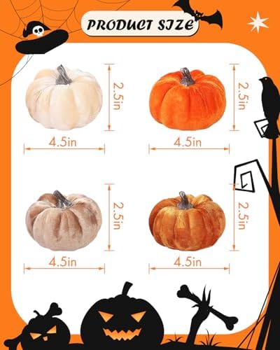 Coferset 4pcs Velvet Pumpkins Decor Set, Artificial Fall Pumpkin Decor for Halloween Thanksgiving Harvest Table Centerpieces(Orange Gold Coffee Beige) - Image 6