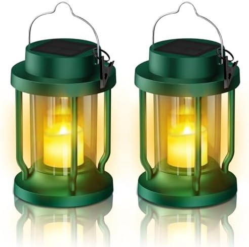 Solar Lantern Outdoor & Indoor Use – Hanging Solar Lights with Realistic Flickering Flameless Candle, Weatherproof for Gardens, Patios, Trees, and Lawns (Green, 2 Pack) by Unknown