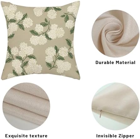 Beige Spring Pillow Covers 18x18 Inch 2 Pcs Khaki Green Hydrangea Flower Decor Throw Pillows Vintage Floral Seasonal Summer Outdoor Decoration Pillowcase Linen Cushion Cover for Couch Sofa - Image 7