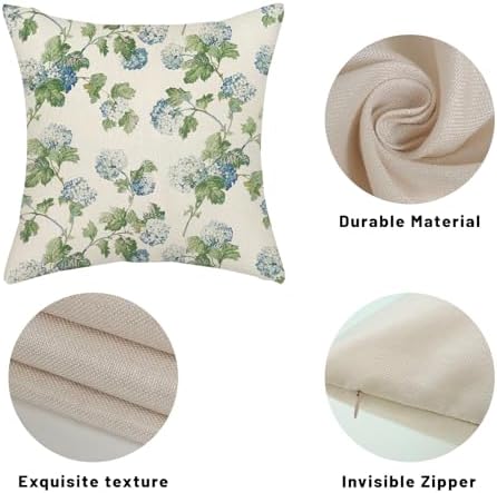 Blue Green Floral Pillow Covers 16x16 Inch 2 Pcs Vintage Flower Decor Throw Pillows Hydrangea Seasonal Spring Summer Outdoor Farmhouse Decoration Pillowcase Linen Cushion Cover for Couch Sofa Bed - Image 7