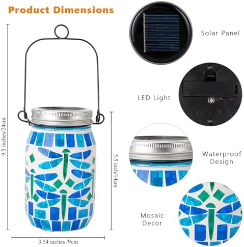 Starsoul Solar Hanging Lanterns Outdoor Waterproof, Mosaic Dragonfly Decor Glass Solar Outdoor Lights, Decorative Solar Lantern for Outside Pathway Patio Porch Yard Decor - Image 4